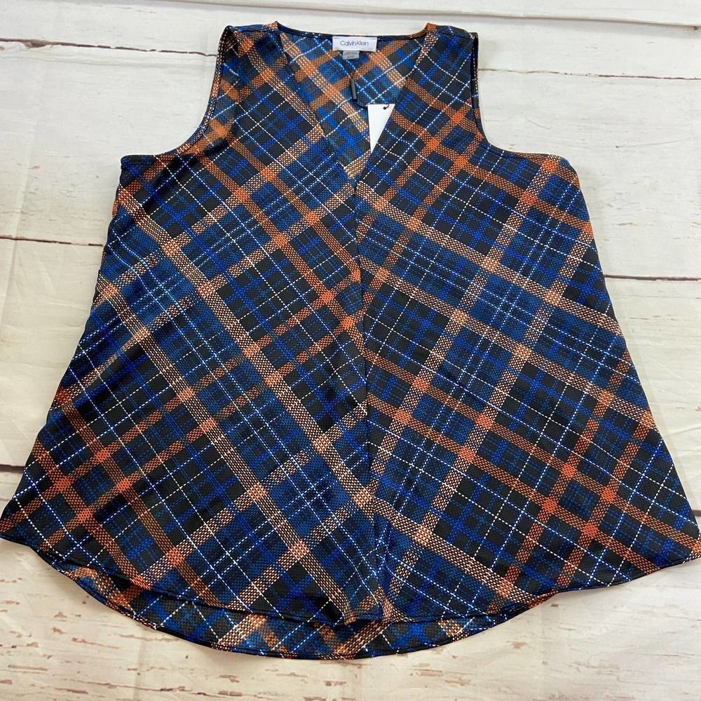 Calvin Klein blue orange plaid v neck sleeveless tank blouse top NWT womens S